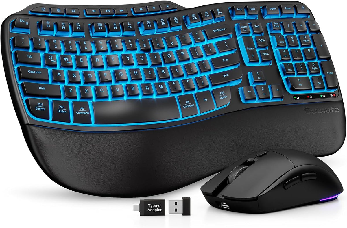 Combo ergonómico inalámbrico de teclado y ratón SABLUTE, teclado retroiluminado recargable de 4000 mAh con reposamanos suave de imitación de piel de cordero, teclas onduladas para una escritura natural, compatible con Windows/Mac/Chrome OS.