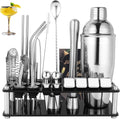 Juego de coctelera de 25 piezas, kit de barman de acero inoxidable con soporte acrílico y recetario de cócteles, herramientas profesionales para mezclar bebidas, para el hogar, el bar y la fiesta (incluye 4 piedras de whisky). 