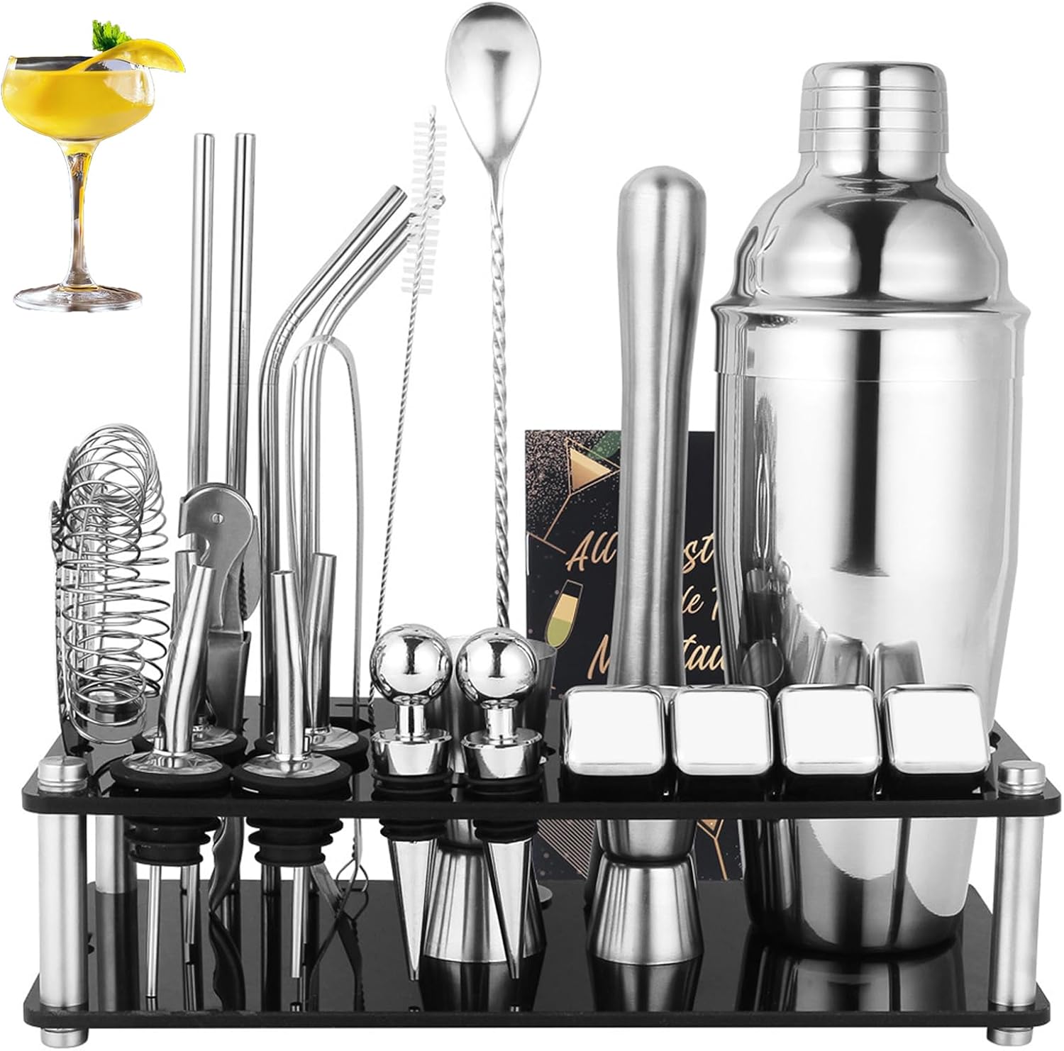 Juego de coctelera de 25 piezas, kit de barman de acero inoxidable con soporte acrílico y recetario de cócteles, herramientas profesionales para mezclar bebidas, para el hogar, el bar y la fiesta (incluye 4 piedras de whisky). 