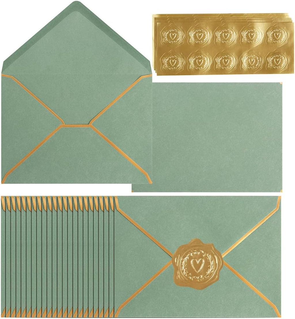100 Sobres A7 5 x 7 Pulgadas | Solapa en V con Borde Dorado | Verde Salvia para Bodas, Invitaciones, Graduaciones y Baby Shower