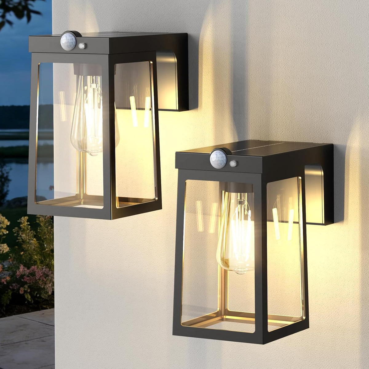 Luces solares con sensor de movimiento Greluna, luces solares con 2 modos y resistentes al agua, apliques de pared exteriores de cristal con sensor crepuscular para entrada, porche, patio, valla (paquete de 2).