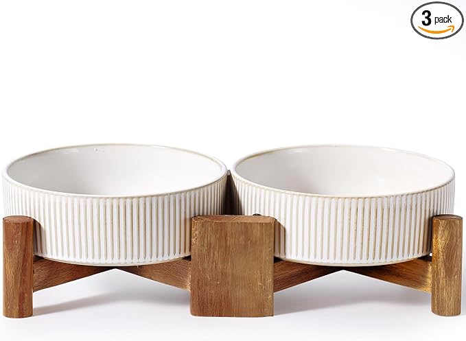 Set de cuencos elevados de cerámica para perros y gatos Getstar - Cuencos elevados de alimentación de 1.8 tazas con soporte de madera antideslizante - Platos pequeños para mascotas para comida y agua