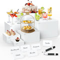 6 soportes para buffet con mini letrero y marcador, soportes de exhibición para alimentos para mesa de buffet, fiestas, catering, postres, joyas y coleccionables, cajas cúbicas apilables con fondo hueco (8", 7", 6", 5", 4", 3")