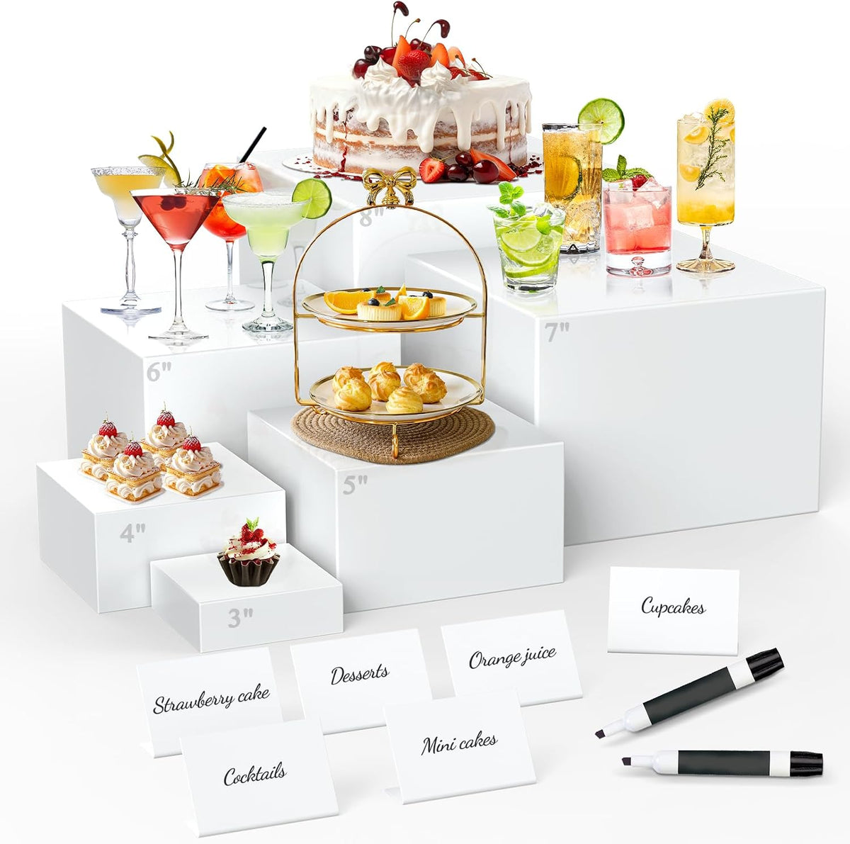 6 soportes para buffet con mini letrero y marcador, soportes de exhibición para alimentos para mesa de buffet, fiestas, catering, postres, joyas y coleccionables, cajas cúbicas apilables con fondo hueco (8", 7", 6", 5", 4", 3")
