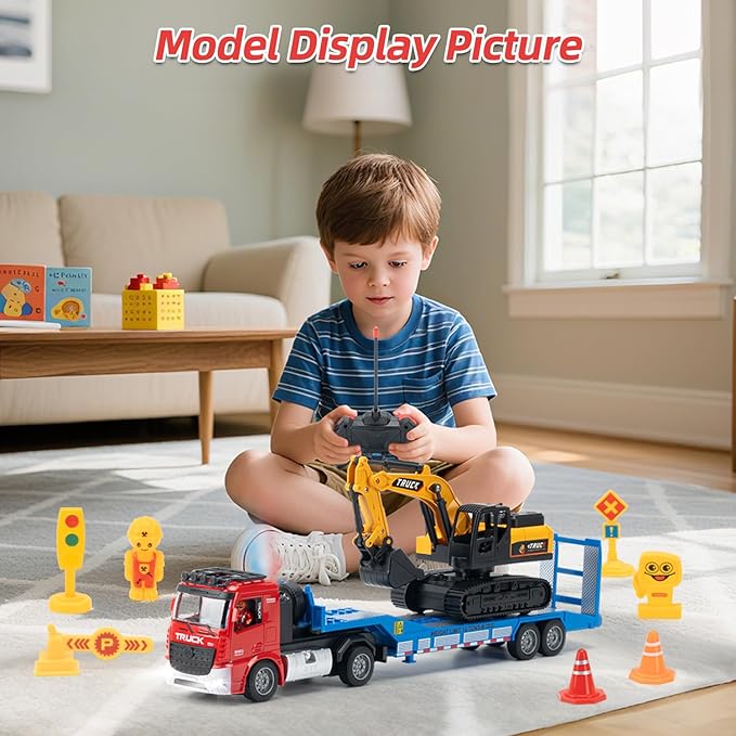 Fistone Camión RC con Semi-Remolque y Juego de Juego de Excavadora con Fricción, Escala 1:24 con Sonido y Luces, Camión de Plataforma de 6 Canales con Control Remoto y Excavadora Impulsada por Inercia