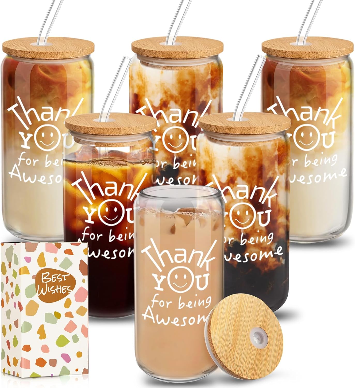 "Thank You for Being Awesome" Glass Cups 6-Pack - 16oz Clear Glass with Lid & Straw - Bulk Employee Appreciation & Thank You Gifts for Women, Men, Coworkers, Teachers