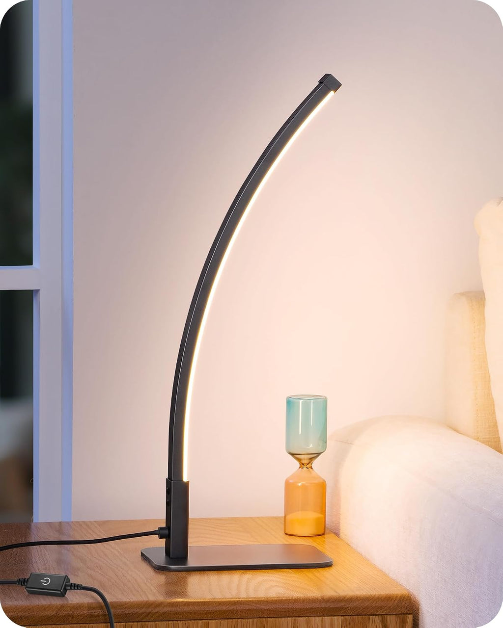 EDISHINE Lampara de Mesa LED Curva | Moderna de Mesita de Noche | 3 Temperaturas de Color y Atenuacion Continua | Aluminio y Hierro | Para Dormitorio y Sala | Negro