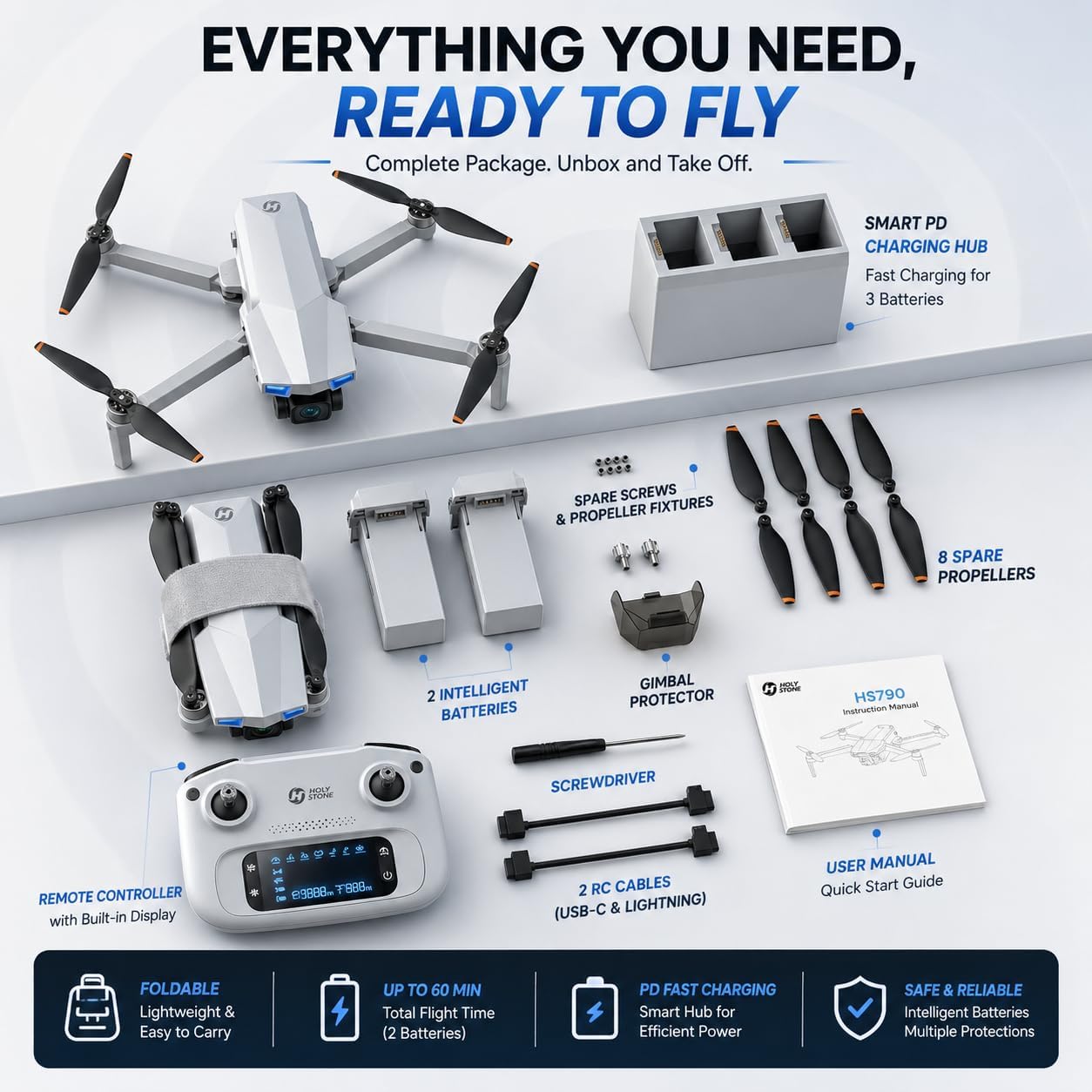 Drone Holy Stone HS790 GPS 6K con Gimbal 3 Ejes — 60 Min de Vuelo, FPV 4K y AI Night Shot