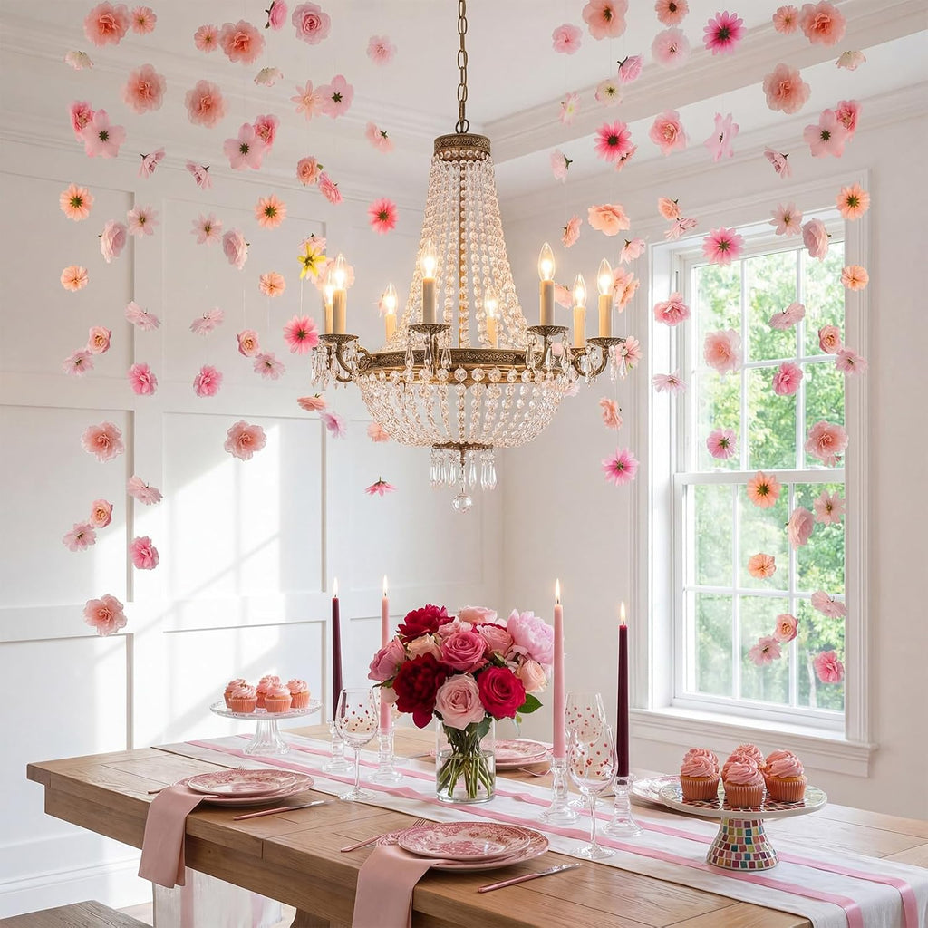 Guirnalda de flores artificiales de 8 piezas y 16 metros (52,5 pies) para colgar, con ganchos. Ideal para fiestas de primavera, bodas, bodas, cumpleaños, baby showers y decoración de jardines (rosa).