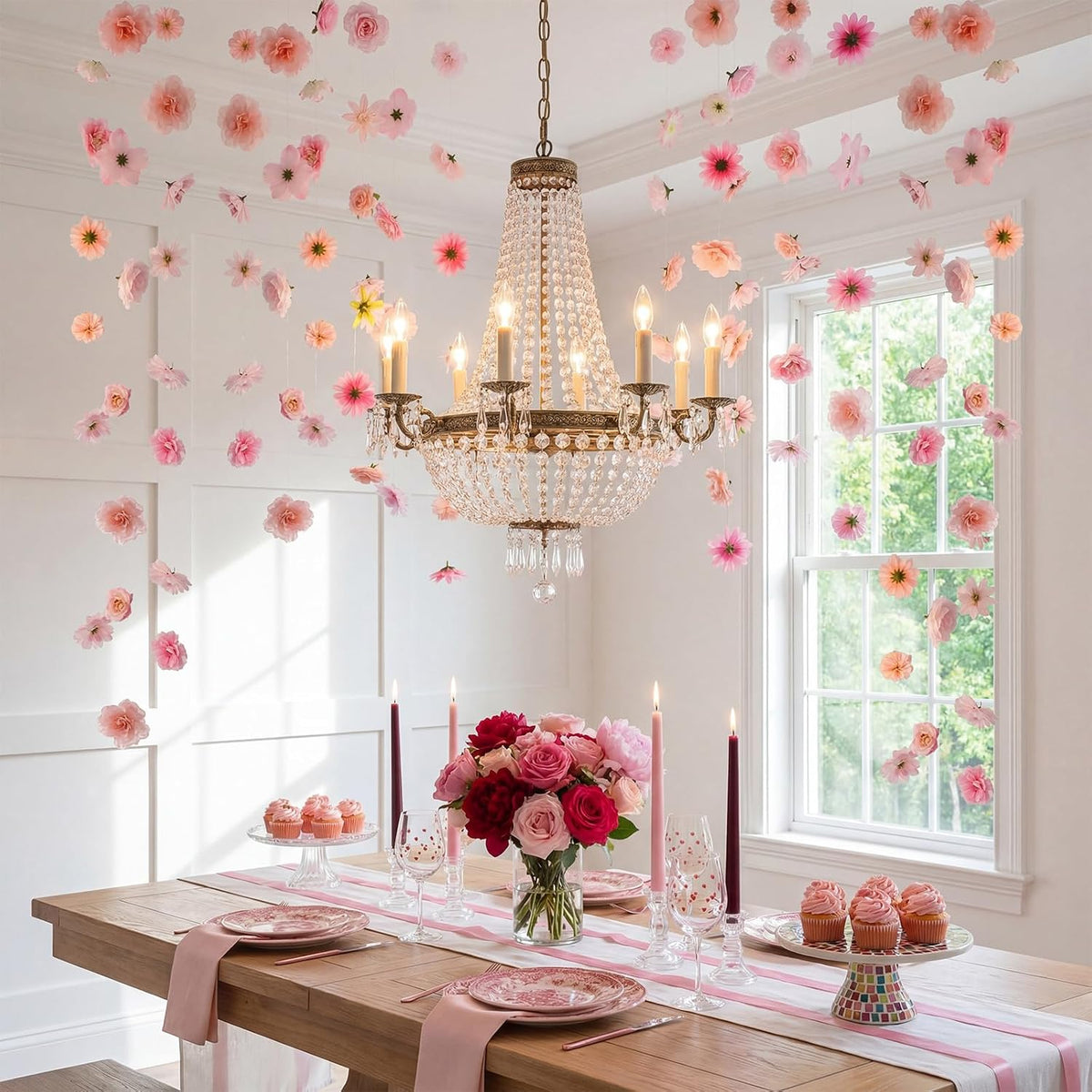 Guirnalda de flores artificiales de 8 piezas y 16 metros (52,5 pies) para colgar, con ganchos. Ideal para fiestas de primavera, bodas, bodas, cumpleaños, baby showers y decoración de jardines (rosa).