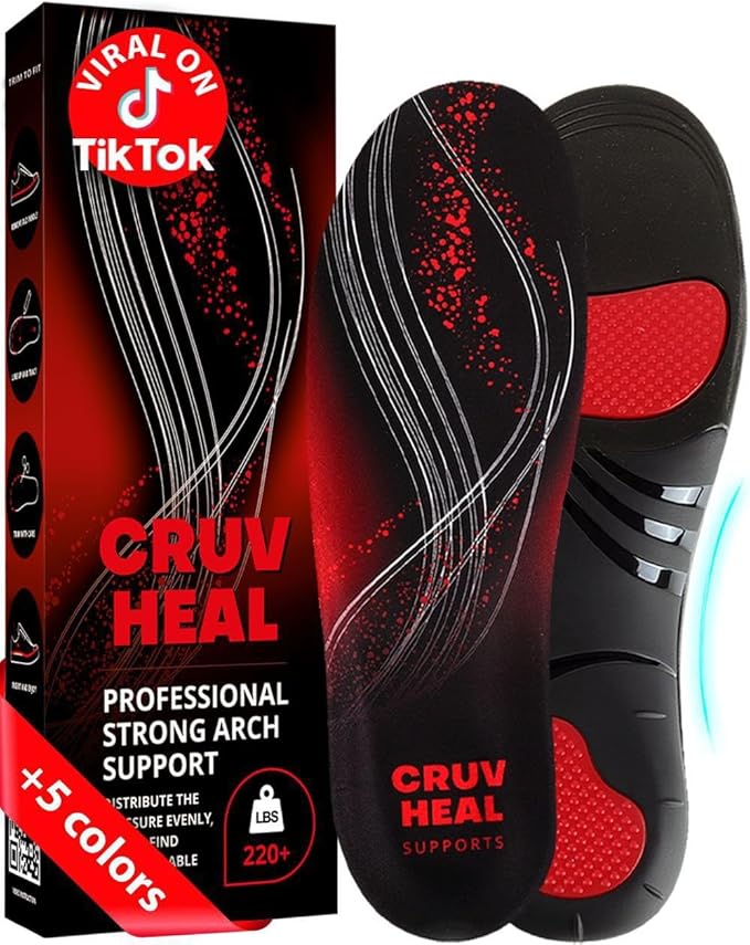 CRUVHEAL Plantillas Ortopédicas para Fascitis Plantar – Soporte de Arco Alto hasta 220 lbs para Hombre y Mujer, Talla S, Negro
