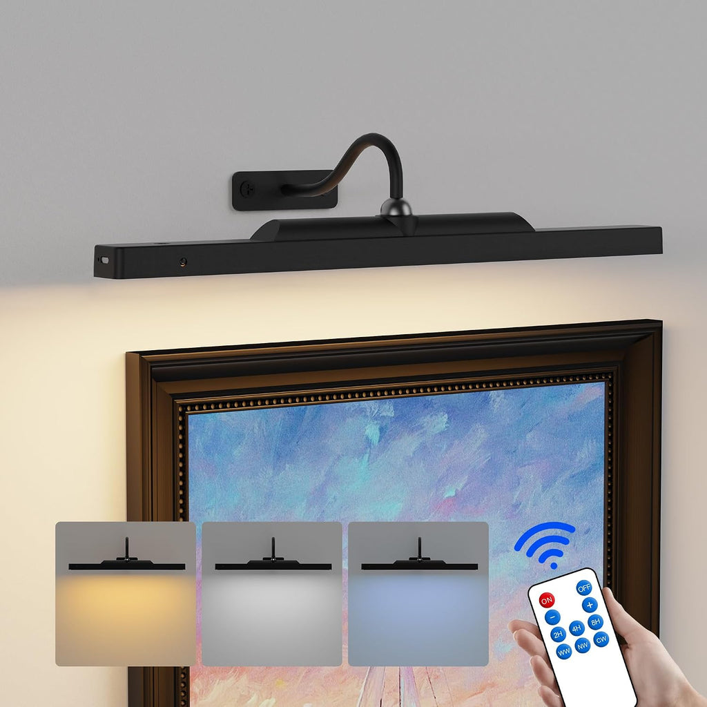 Aplique de pared inalámbrico regulable Craftersmark 16n, con batería recargable de 5000 mAh, luz artística, CRI 95+, 350 lúmenes, ideal para obras de arte, pinturas, fotos y retratos - Negro