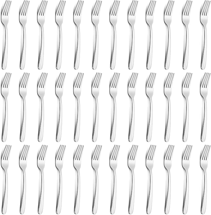 Pleafind Juego de 36 piezas de tenedores de ensalada (18 cm), juego de tenedores de acero inoxidable plateados, juego de tenedores de postre pulidos en espejo al por mayor, tenedores pequeños de metal