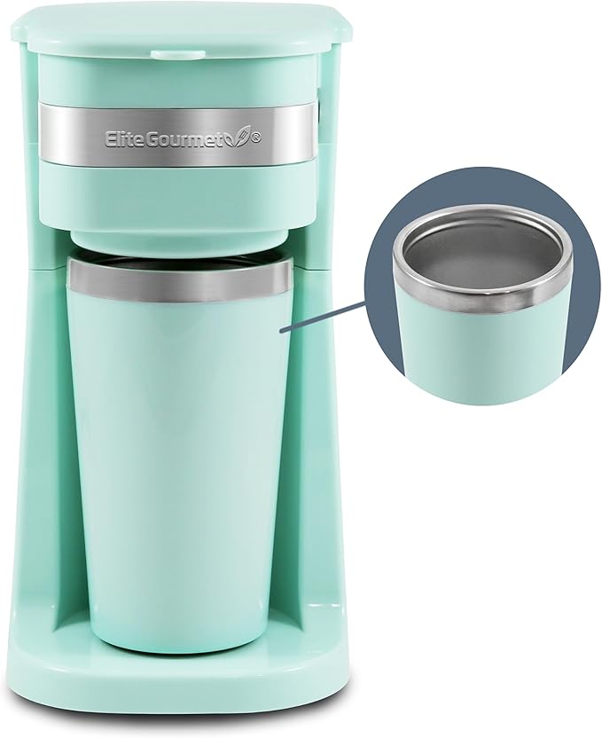 Elite Gourmet EHC113M Cafetera compacta personal de una sola porción, incluye taza térmica de viaje de acero inoxidable de 14 oz