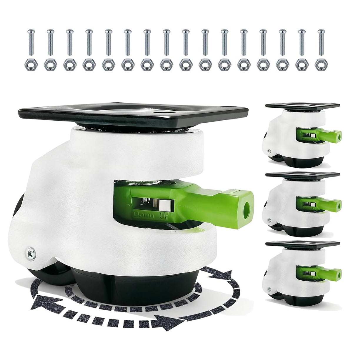 Set de 4 Ruedas Niveladoras con Manija de Trinquete | Capacidad Total 2200 Lbs | Ajustables de Alta Resistencia, Giro 360° | Silenciosas para Banco de Trabajo