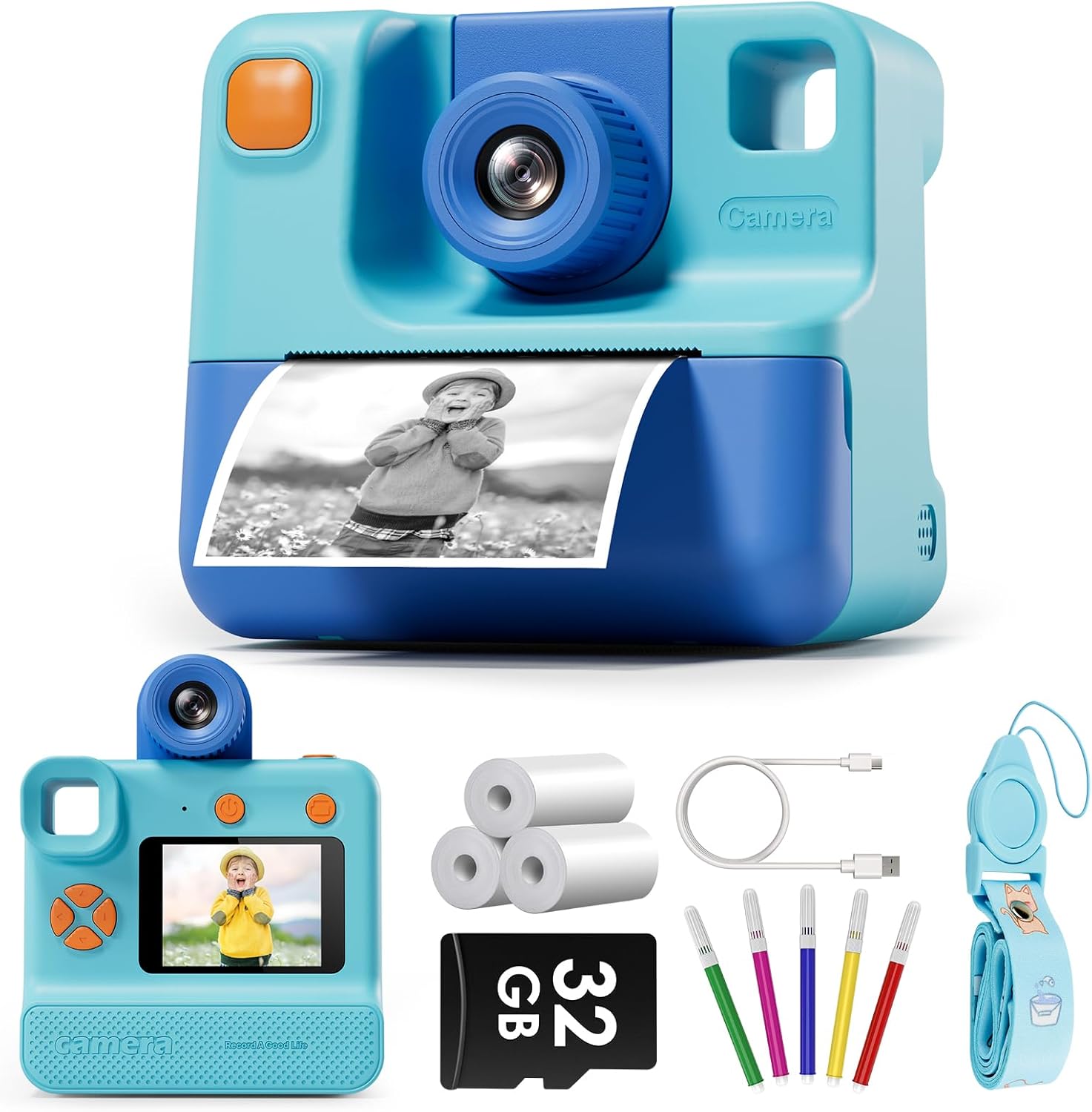Cámara Instantánea para Niños LETSHAHA – 24MP, 1080P, Impresora sin Tinta, Tarjeta 32GB – Azul