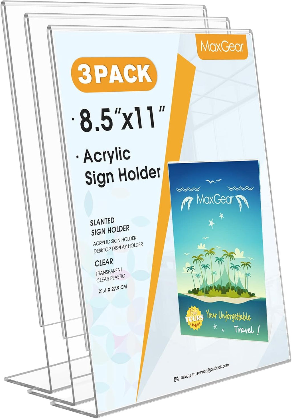 MaxGear Portapapeles Acrílico Exhibidor Transparente 22 x 28 cm Inclinado para Mostradores, Marcos de Imagen para Menús, Volantes, Oficina, Paquete 3