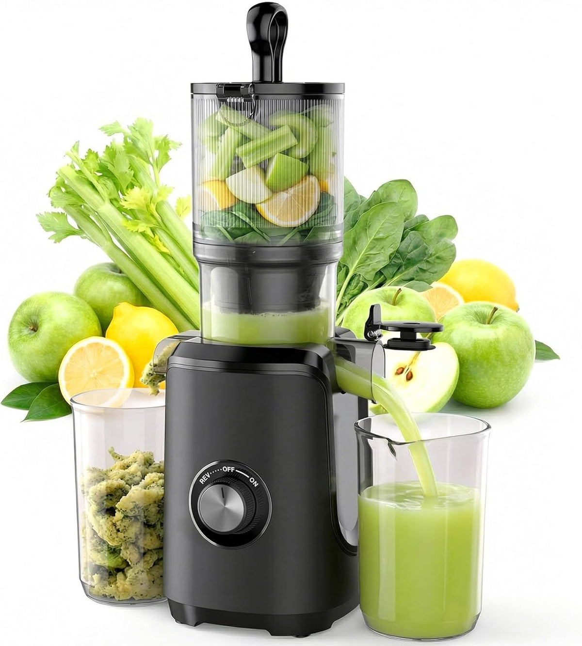 Licuadora Prensado en Frío NEWBULIG Masticadora, Alto Rendimiento, Función Inversa, Previene Oxidación, Fácil Limpieza Vegetales Frutas, Negro