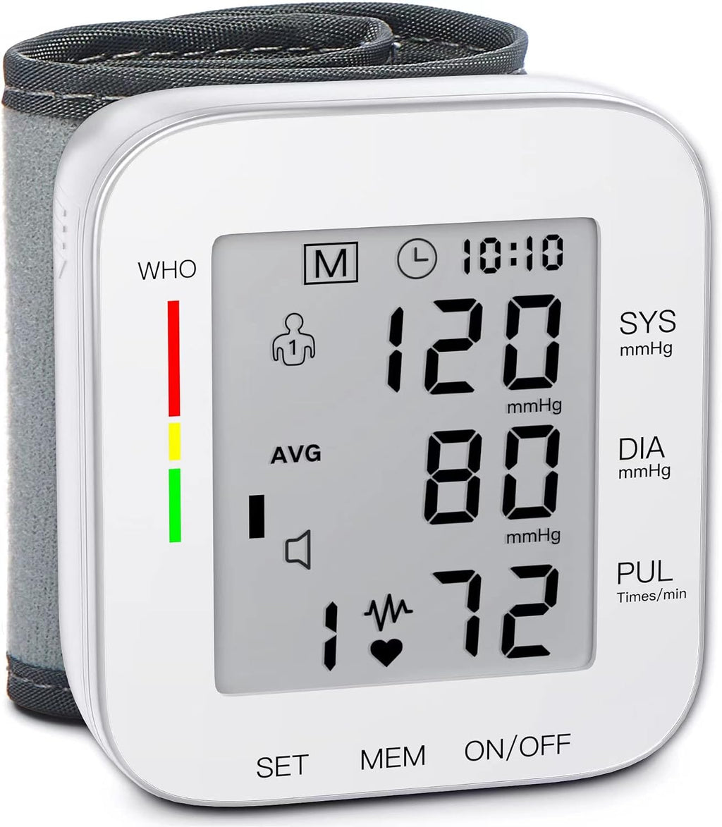 Monitor de presión arterial de muñeca MMIZOO con pantalla LCD grande, brazalete ajustable de 5,31 a 7,68 pulgadas, memoria automática para 99 series (2) y estuche de transporte para uso doméstico (blanco).