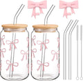 Juego de vasos de vidrio de 16 oz con lazo rosa, tapas y pajitas, 2 vasos de 500 ml