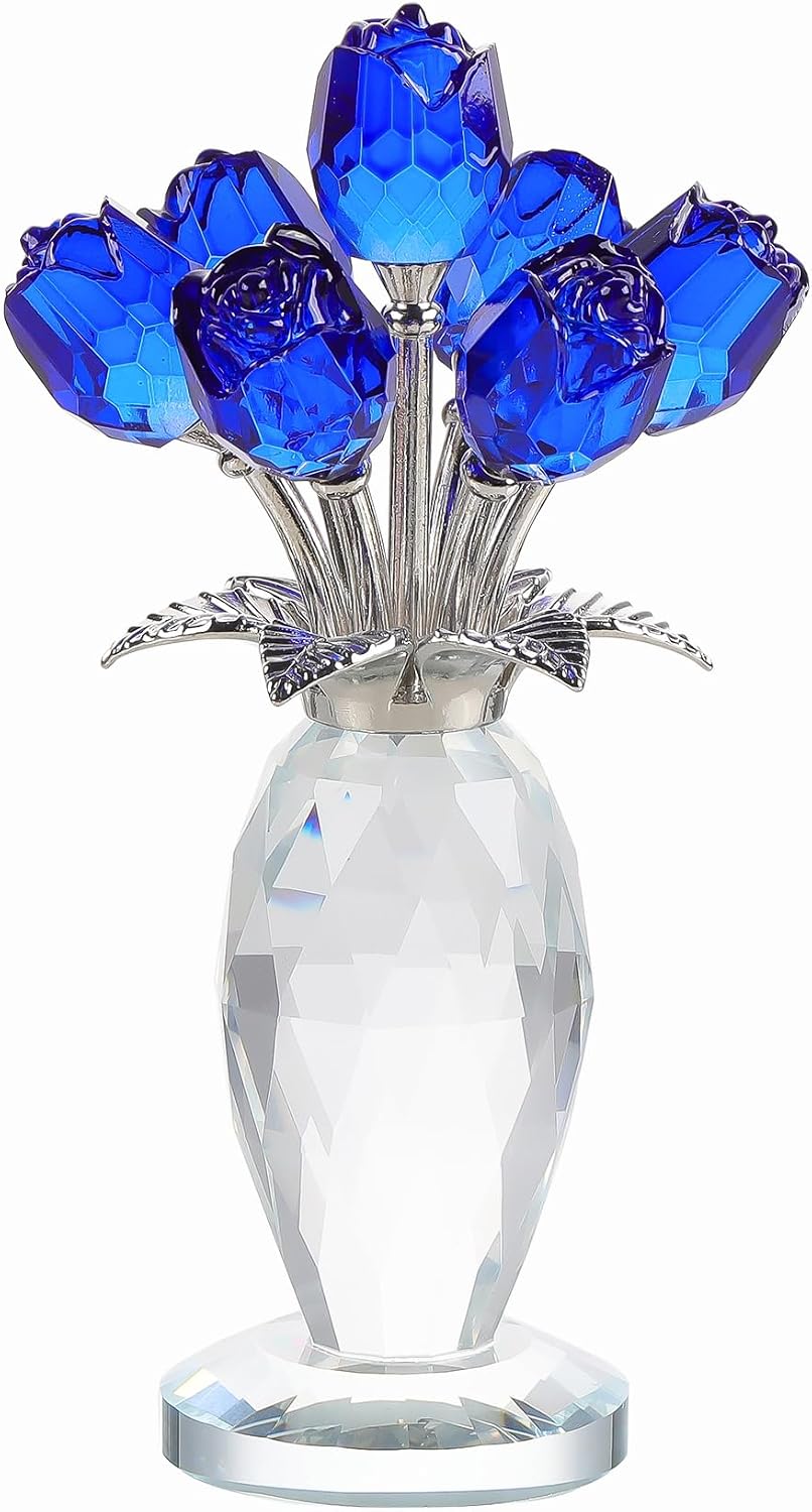 Arikyrist Figura de Rosa de Cristal Azul con Florero | Rosa de Vidrio Hecha a Mano | Regalo Romántico para Mamá y Esposa | San Valentín