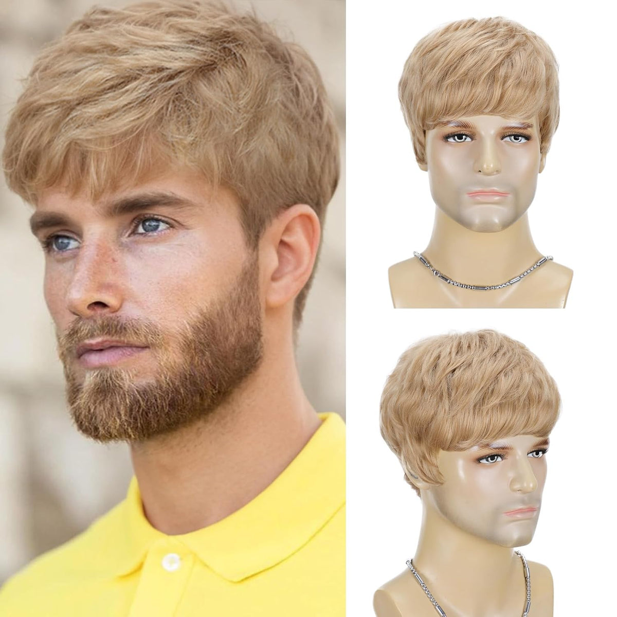 Peluca rubia corta para hombre BCHR, peluca rubia lisa en capas para hombres, fibra sintética resistente al calor, peluca rubia natural para hombres, ideal para fiestas de Halloween, anime de los años 90 y 2000.