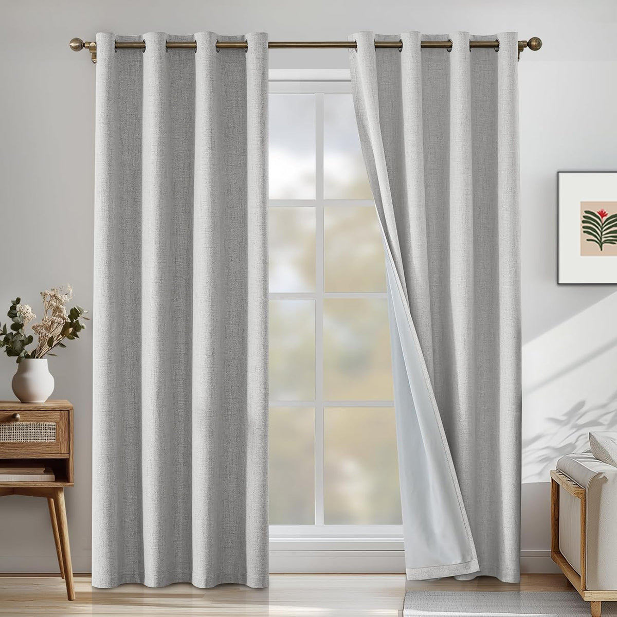 Cortinas opacas 100% de lino CYCMACO para dormitorio, cortinas que oscurecen la habitación para sala de estar, cortinas opacas de 108 pulgadas, cortinas extralargas con ojales, cortinas térmicas (2 paneles, blanco grisáceo)