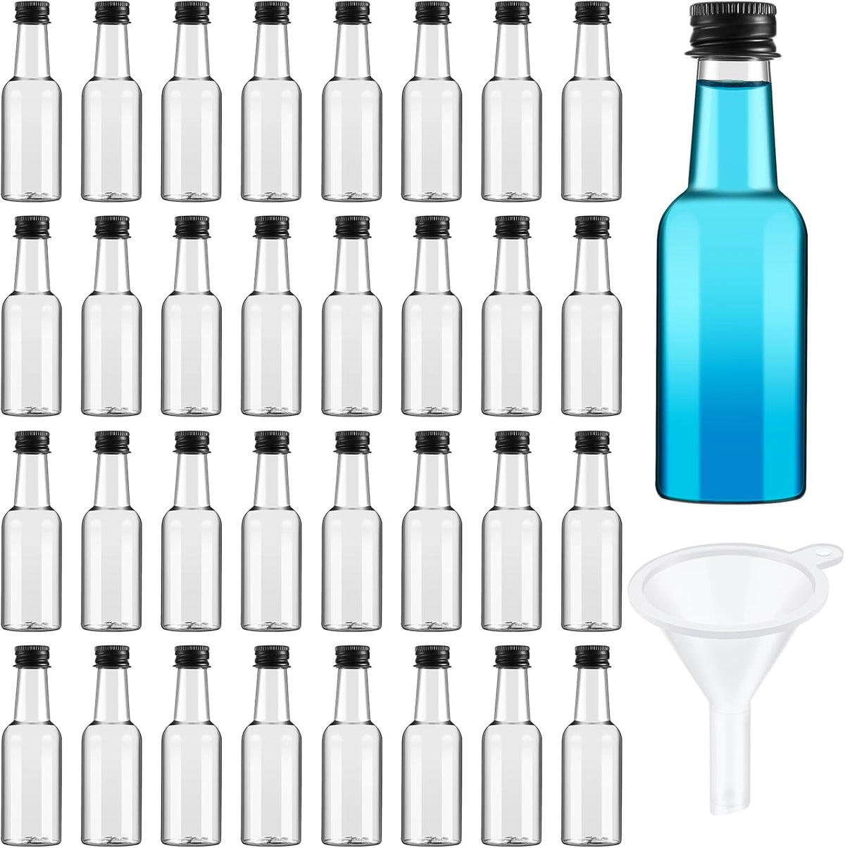 Tessco 100 Mini Botellas para Licor con Tapa Negra | Botellas de Trago Vacias Hermeticas | Plastico para Licor Aderezos Salsas | 118ml