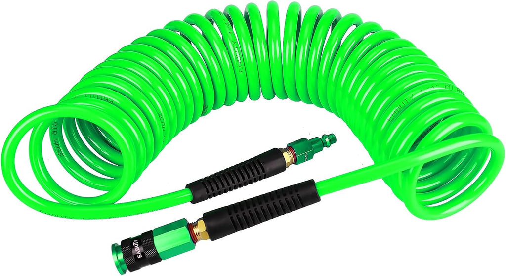 Manguera de Aire Enrollada EADUTY Poliuretano Alta Resistencia 6mm x 7.6m | Ligera, Flexible, con Acople Rápido Universal y Protectores de Curvatura, Verde