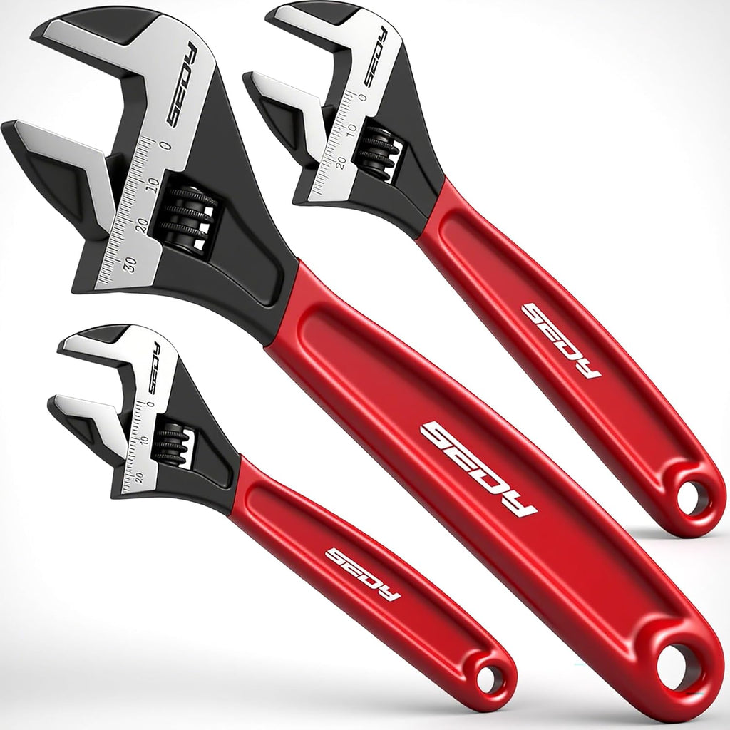 Juego de llaves ajustables SEDY para tubos: llave de boca ancha de 6", 8" y 10" con acabado en óxido negro, mango acolchado, escalas métricas y SAE marcadas con láser, acero CR-V para uso profesional.
