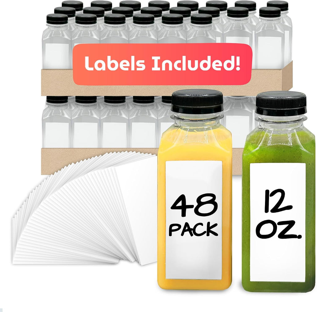 Botellas de plástico para jugo Reli. (paquete de 48, 355 ml) Botellas cuadradas de plástico para jugo con tapas y etiquetas adhesivas | Transparentes, vacías para jugos 355 ml | Desechables, para batidos