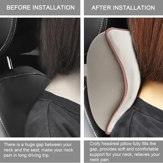 Crofy Paquete de 2 Almohadas para el Cuello del Automóvil, Almohada Softness para Reposacabezas del Automóvil para Conducir con Correa Ajustable, 100% Espuma con Memoria y Funda Extraíble Transpirable