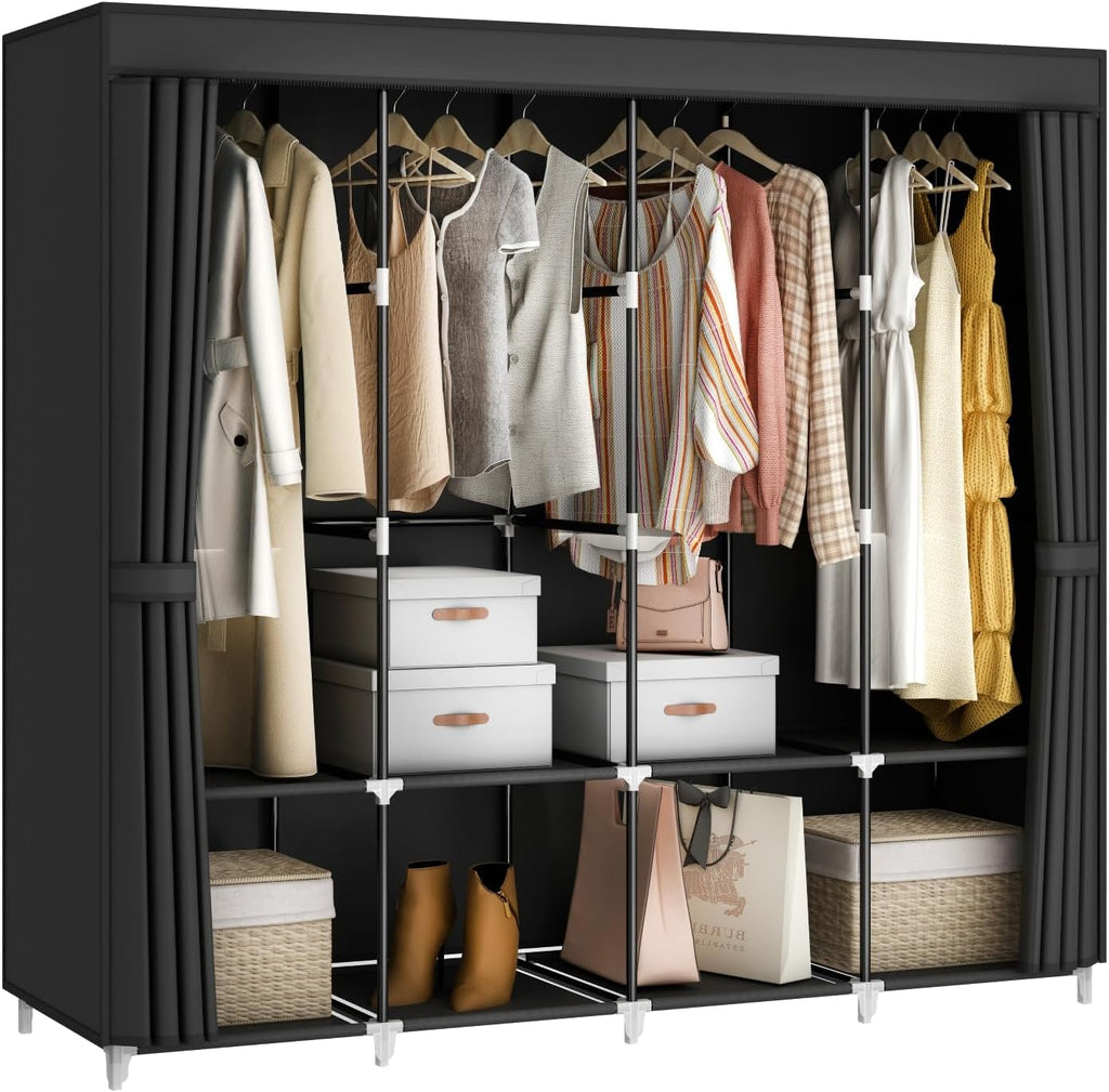 MOGELAFOO Closet Portatil 67'' | Organizador de Ropa con 4 Barras y 8 Estantes, Cubierta de Tela No Tejida (Negro)