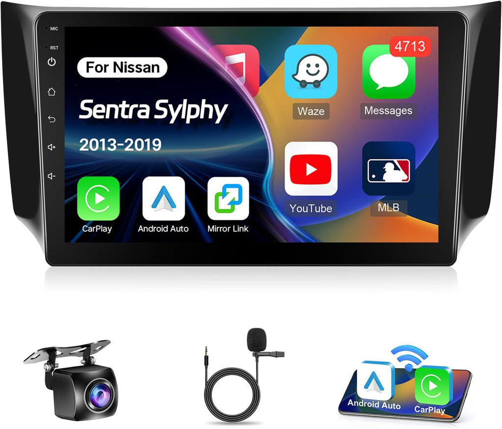 Autorradio Leadfan para Nissan Sentra 2013-2019 con CarPlay inalámbrico y Android Auto, pantalla táctil de 10.1 pulgadas, navegación GPS, Bluetooth, FM/RDS, WiFi, controles en el volante y cámara de reversa.
