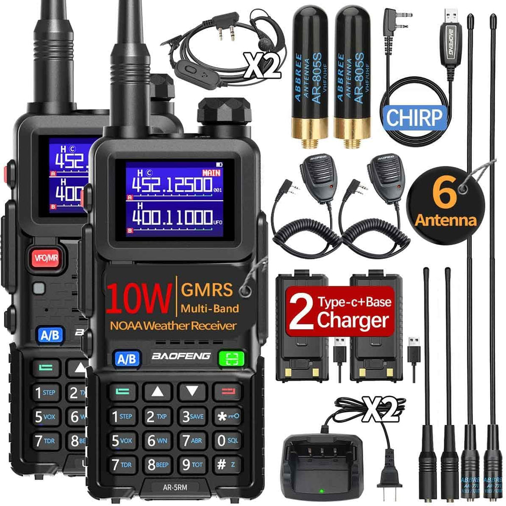 Baofeng Radio Ham Radio portátil UV-5R actualización de largo alcance recargable AR-5RM 10W NOAA radio táctica de emergencia meteorológica bidireccional con cable de programación para equipo de supervivencia, caza, campamento, paquete de 2