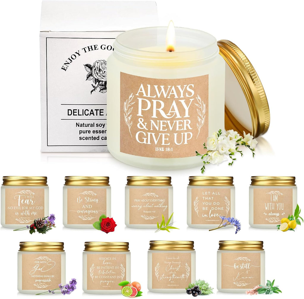 Lewtemi 10 frascos de velas cristianas para el Día del Padre, velas aromáticas católicas con oraciones, 3.5 oz, versículos bíblicos, regalos religiosos para mujeres, hombres y maestros de la escuela dominical (blanco, clásico).