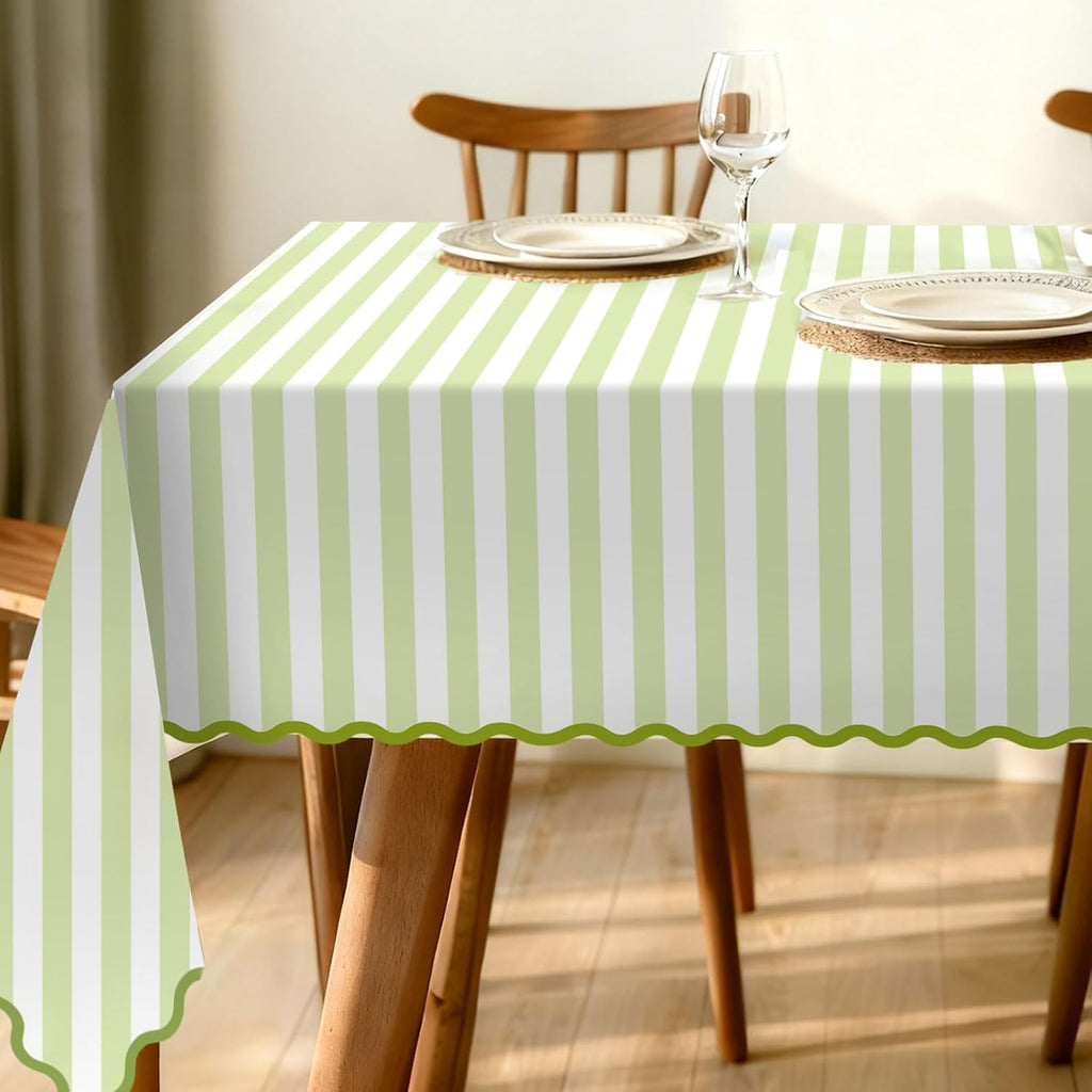Mantel Whaline con borde festoneado y rayas verdes, tela impermeable, rectangular, para decoración de mesa de cocina y hogar, 55 x 70 pulgadas.