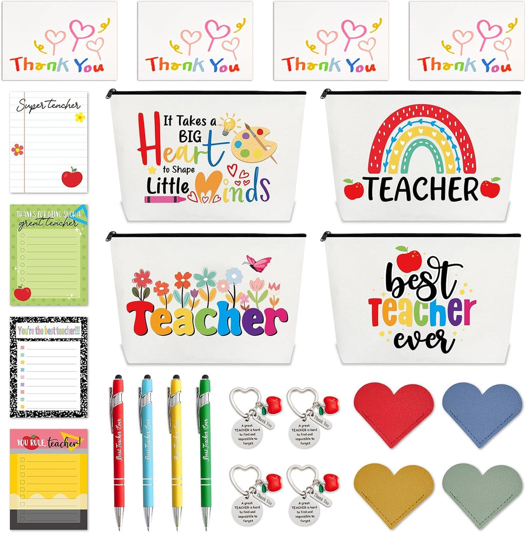 Paquete de 24 artículos de regalo para maestras, ideal para mujeres, con notas adhesivas, marcapáginas, llavero, neceseres, bolígrafos, tarjeta de agradecimiento, regalo motivacional para maestras, ideal para graduaciones escolares y material de oficina.