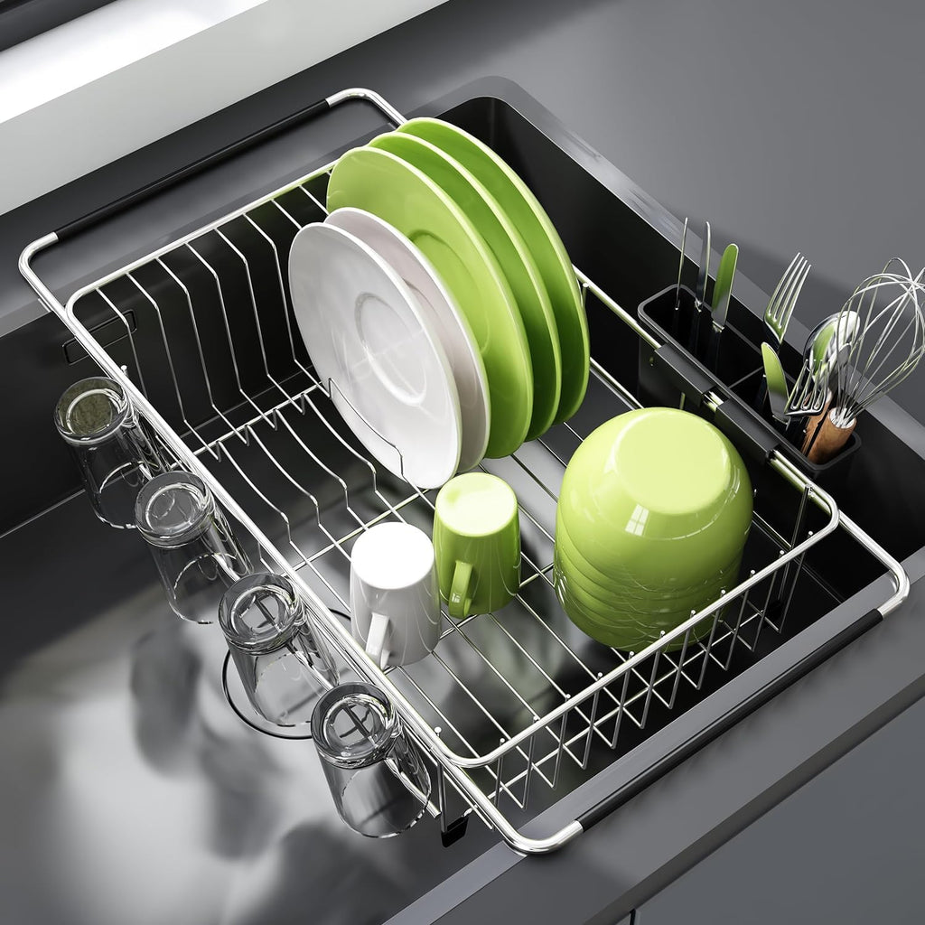 Escurridor de Platos Expandible JASIWAY para Fregadero – Acero Inoxidable con Porta Vasos y Porta Utensilios, Ahorra Espacio