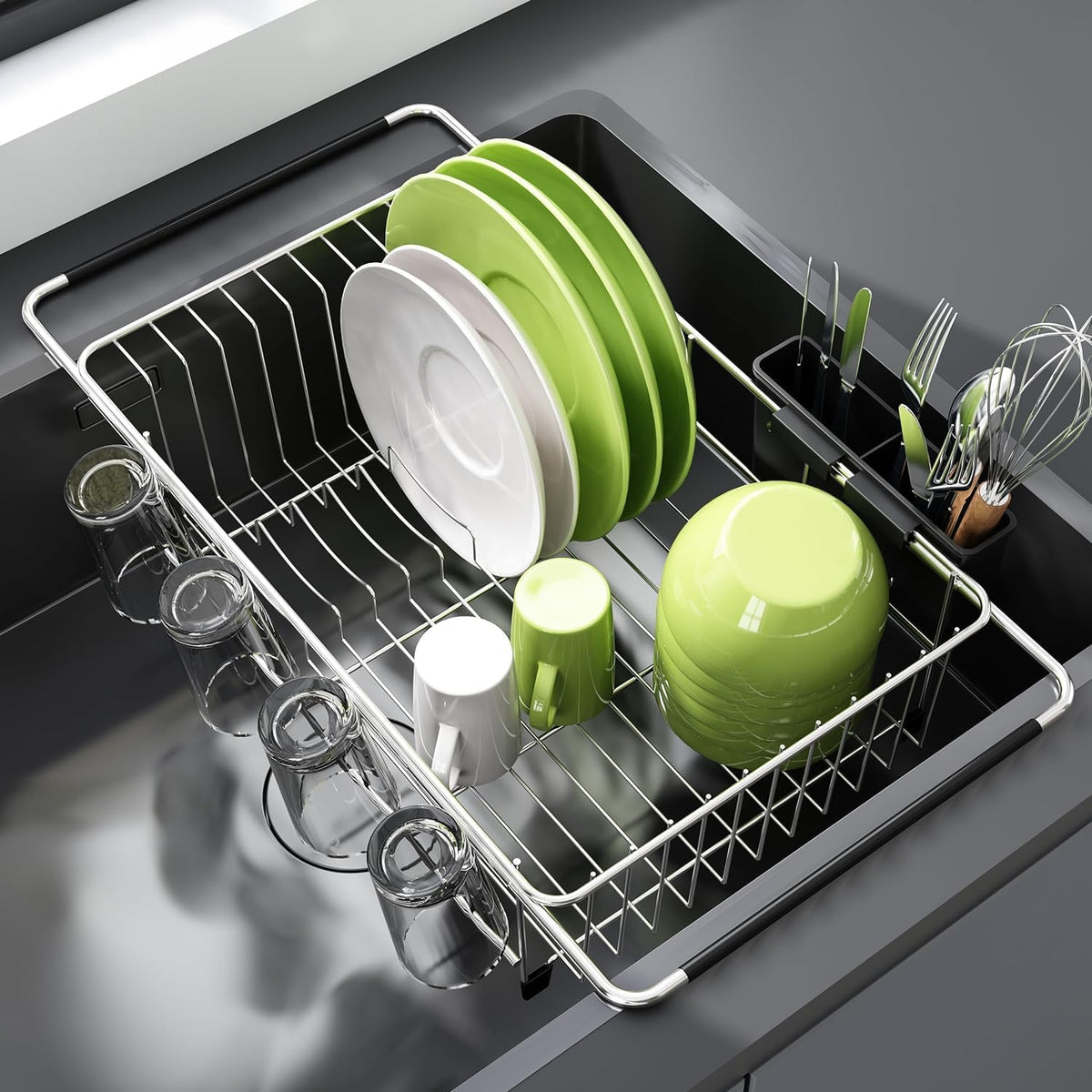 Escurridor de Platos Expandible JASIWAY para Fregadero – Acero Inoxidable con Porta Vasos y Porta Utensilios, Ahorra Espacio