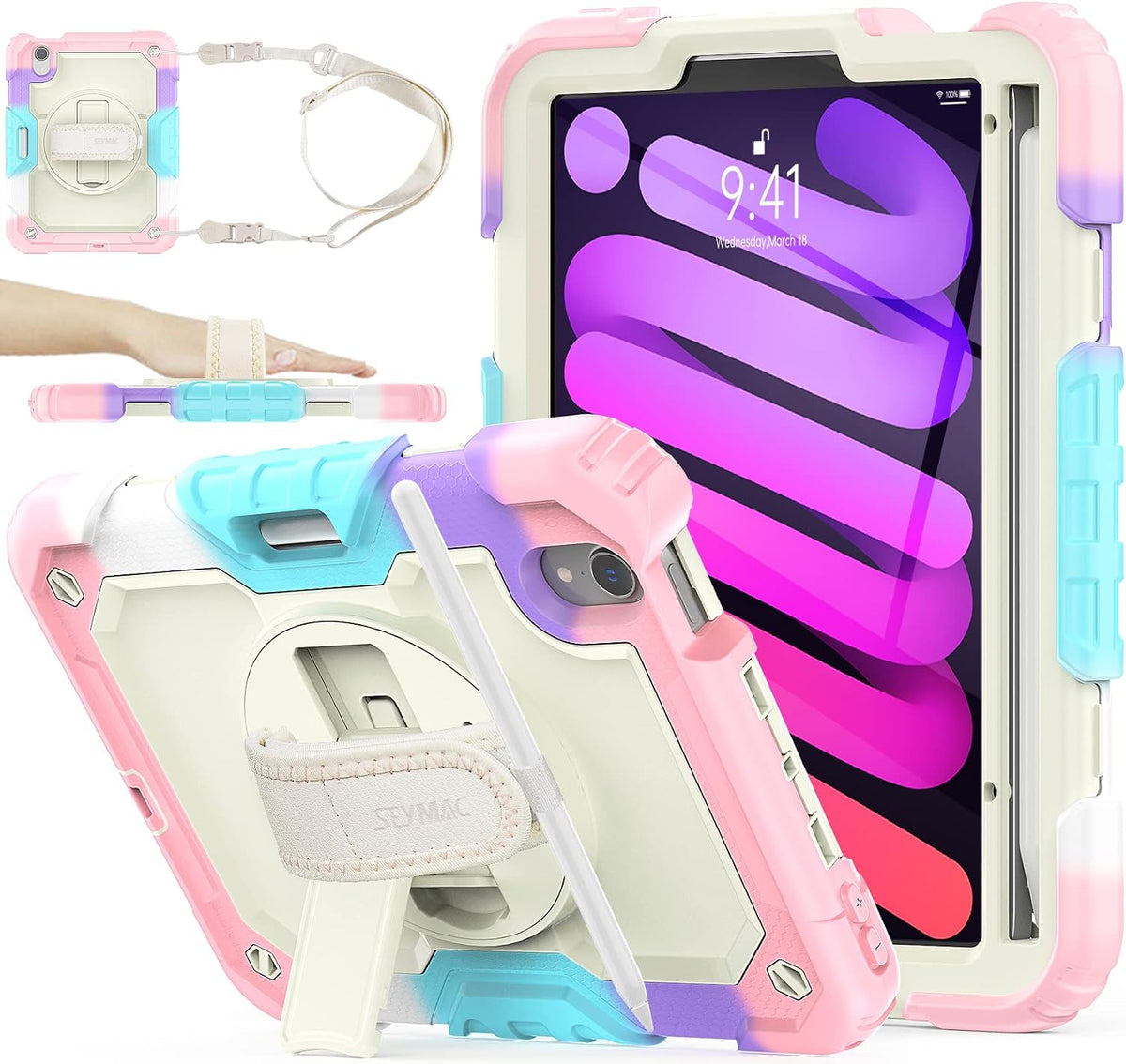 USADO-Funda SEYMAC para iPad Mini 7 (A17 Pro) 2024/ Mini 6 de 8,3'' con protector de pantalla, soporte para lápiz [correa de mano giratoria de 360°] y soporte, funda a prueba de caídas para iPad Mini de 7.ª/6.ª generación de 8,3'', color amarillo y rosa.
