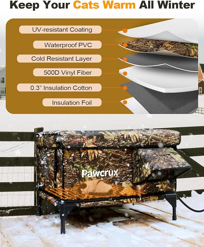 Casa climatizada para gatos resistente a la intemperie para exteriores en invierno, cama climatizada para gatos, refugio de gatitos con almohadilla térmica para gatos, puerta de escape aislada y segura, casa cálida para gatos callejeros (color de hoja