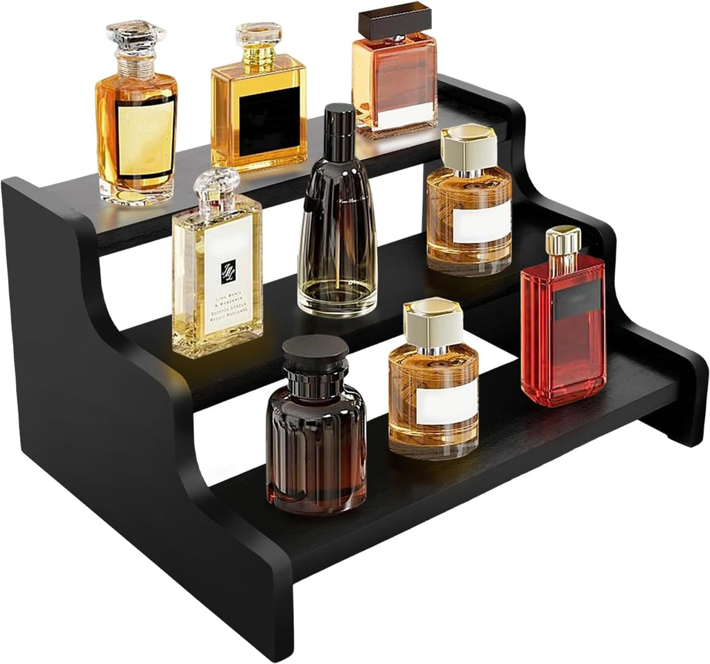 Organizador de Colonia KISENG 3 Niveles – Madera con Antideslizantes, Expositor para Fragancias y Figuras, Negro