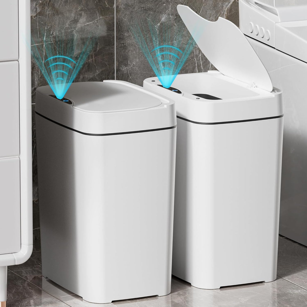 ⚠️ IMPORTANTE: 1 DE LAS TAPAS ESTÁ MANCHADA, NO AFECTA SU FUNCIÓN | Canasta de Basura para Baño Vanpopubs 2 Paquetes 10.2L, Automática Táctil Impermeable, Inteligente, Slim, Sensor de Movimiento para Dormitorio Oficina Cocina