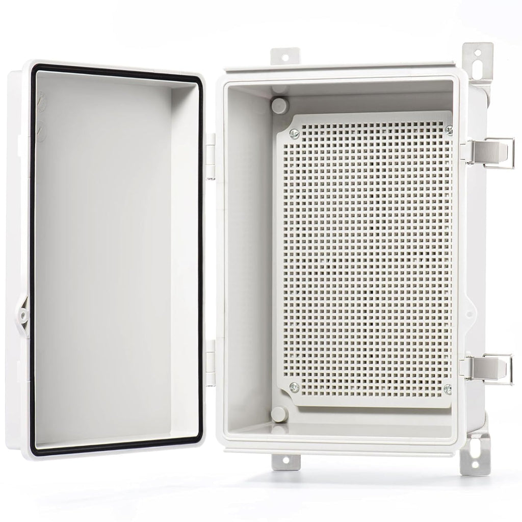 Caja de conexiones QILIPSU IP67, carcasa eléctrica de plástico impermeable para exteriores, resistente a la intemperie, con placa de montaje, soportes de pared y tapa gris con bisagras, 11,2" x 7,7" x 5,1".