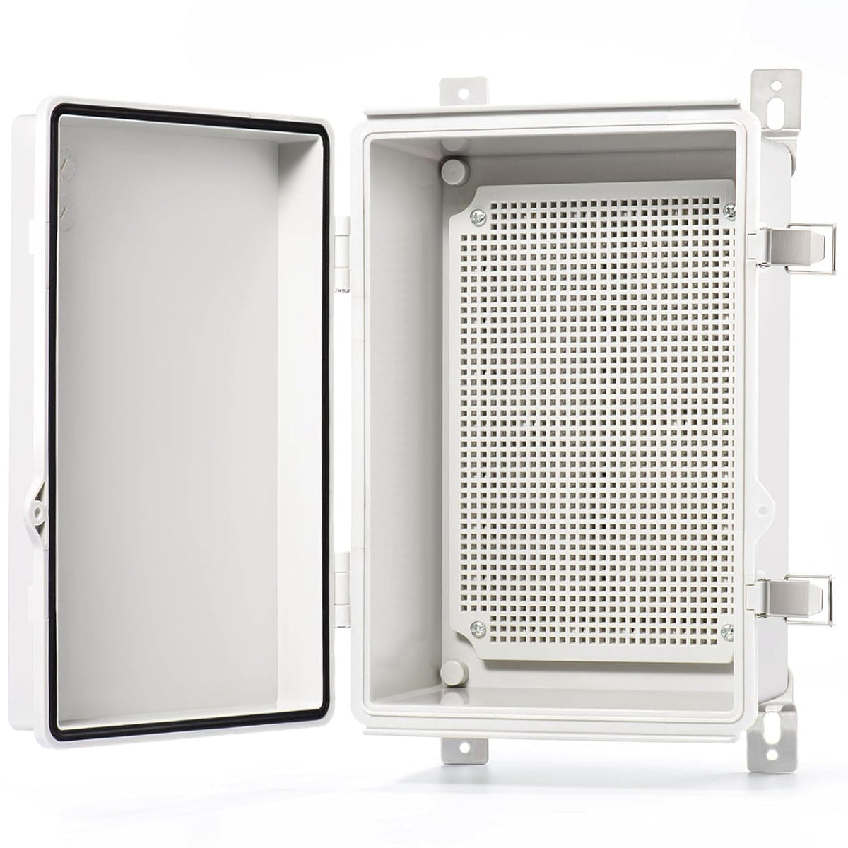 Caja de conexiones QILIPSU IP67, carcasa eléctrica de plástico impermeable para exteriores, resistente a la intemperie, con placa de montaje, soportes de pared y tapa gris con bisagras, 11,2" x 7,7" x 5,1".