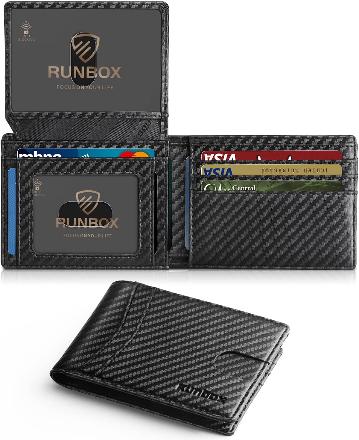 Cartera RUNBOX para hombre - Delgada, de piel RFID, plegable, con 2 ventanas para identificación y caja de regalo. Accesorios para hombre.
