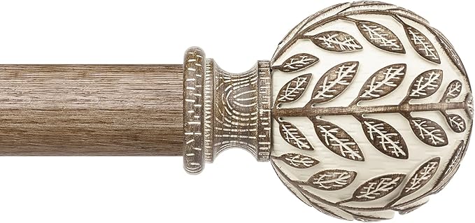 Barra de cortina de madera estilo bohemio, 1 pulgada, decorativa, ajustable, resistente, para ventanas de 48 a 84 pulgadas, barras rústicas para cortinas con remates de hojas de imitación de madera envejecida hechos a mano.