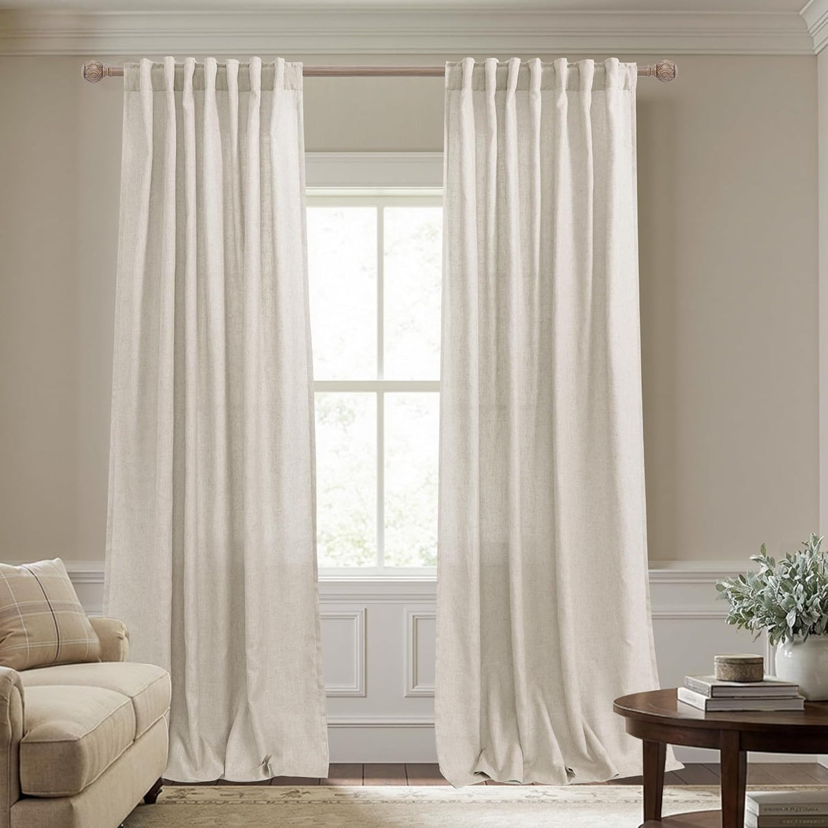 Cortinas KOUFALL color beige de 274 cm de largo para sala de estar con techo de 2,74 m de altura, decoración rústica de estilo granja, cortinas transparentes de lino para sala familiar, juego de 2 paneles.