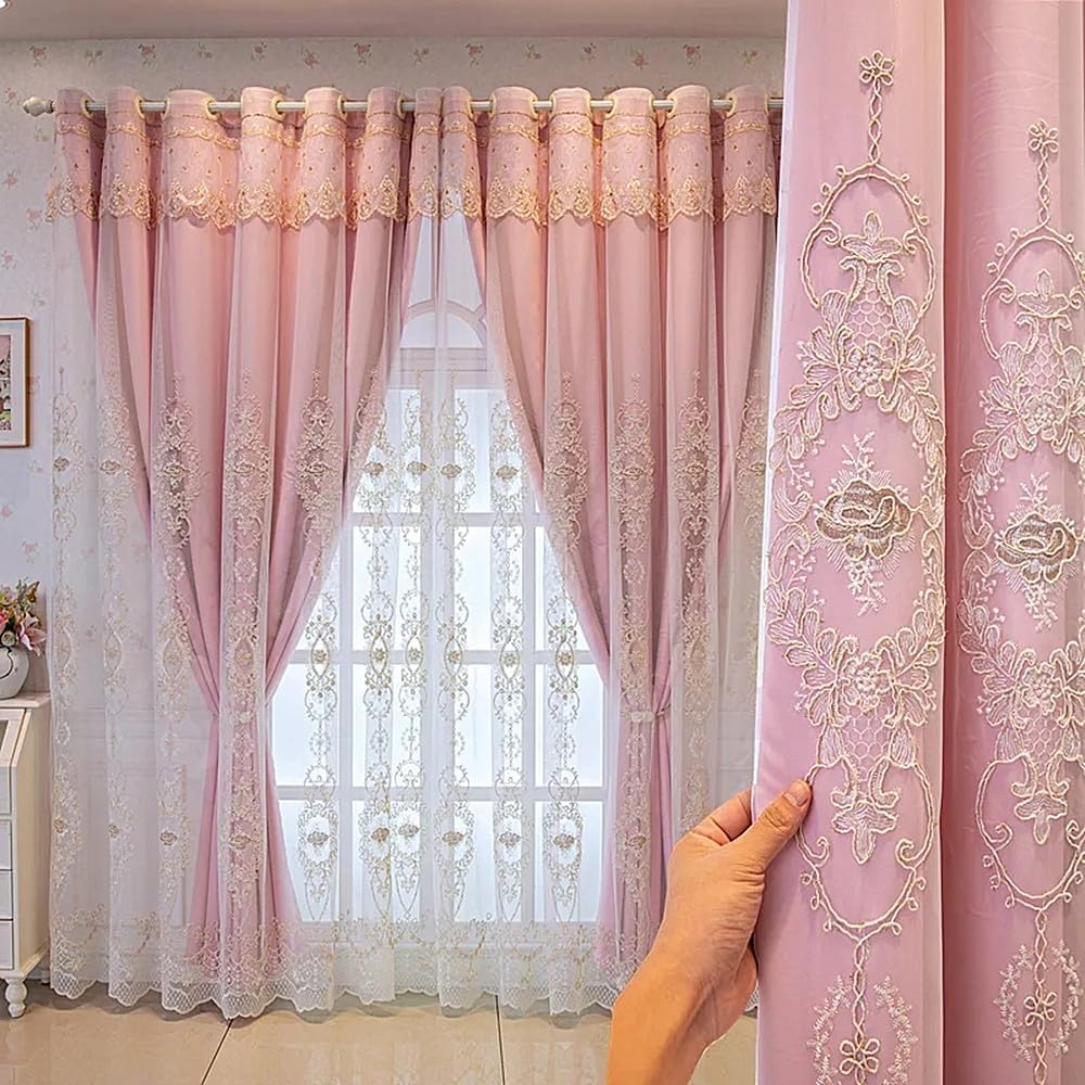 Amidoudou European Double Layer Curtains with Valances - 3D Flower Embroidered Sheer & Blackout - Grommet Top - 54x96 Inch - Pink (1 Pair)